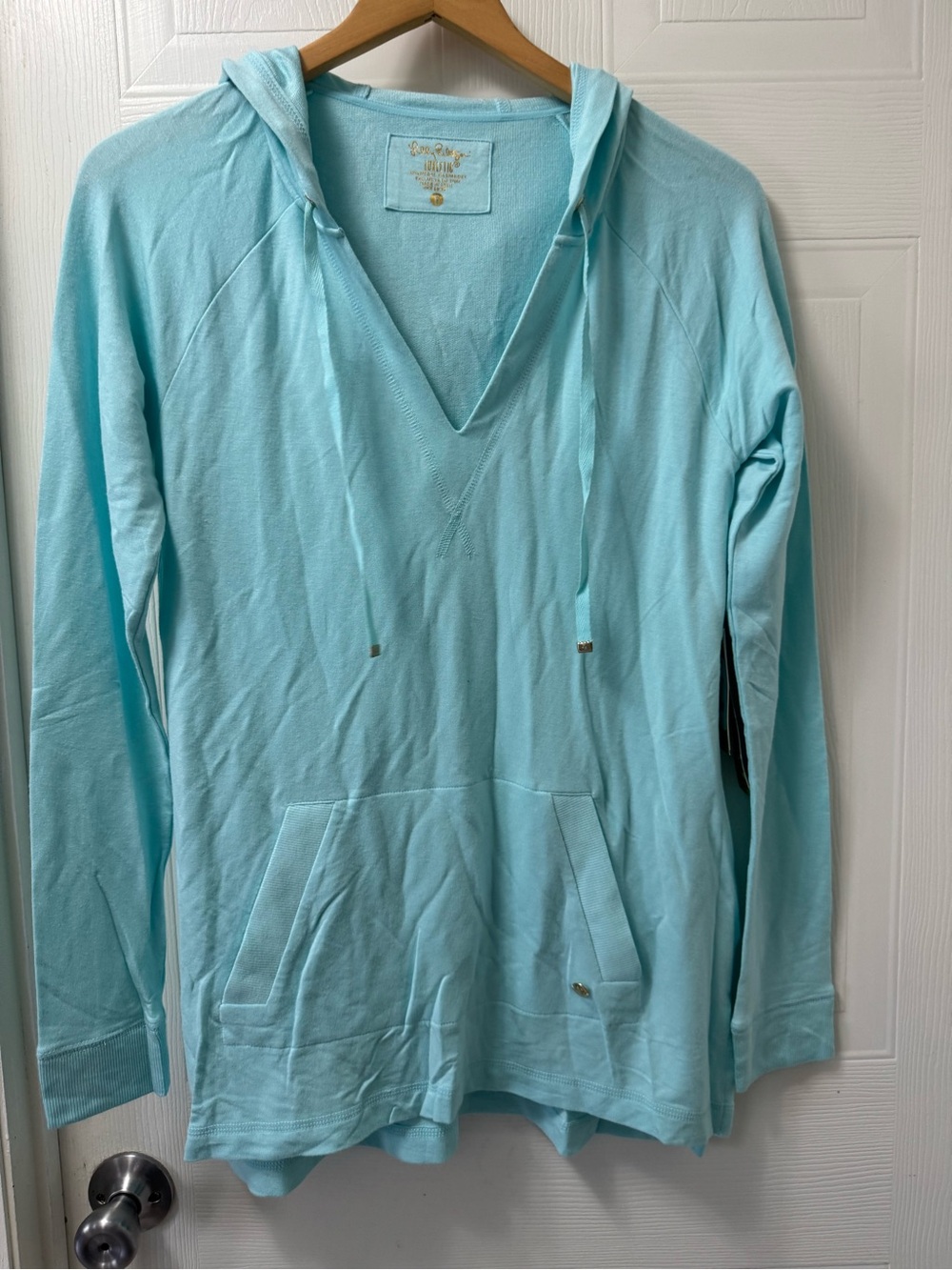 Lilly Pulitzer Light Blue Drawstring Hoodie Detail